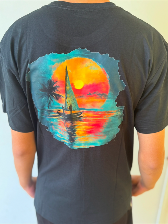 T-shirt Tahiti - couché de soleil - Made in Fenua - Mahana Temaratino - Noir, Beige, Gris