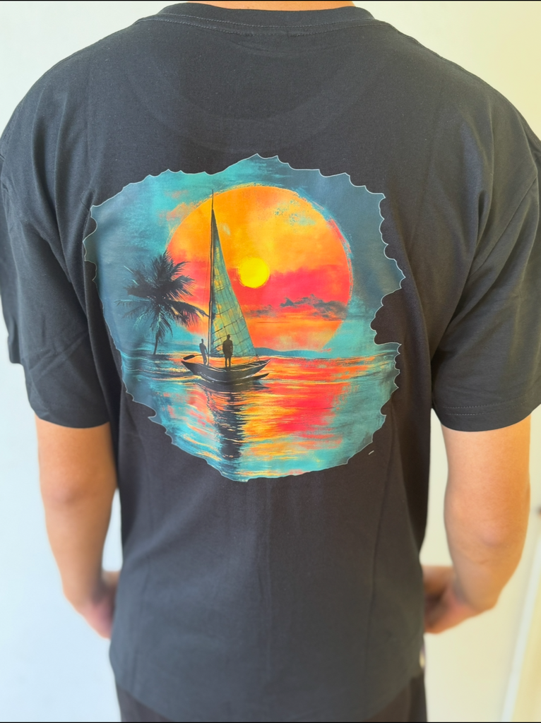 T-shirt Tahiti - couché de soleil - Made in Fenua - Mahana Temaratino - Noir, Beige, Gris